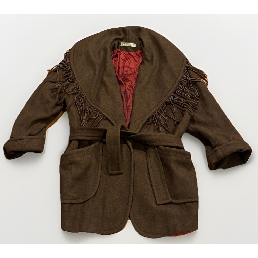 Vintage DONNYBROOK Western Wool Ranch Coat L Leather Fringe Cowgirl USA RRL